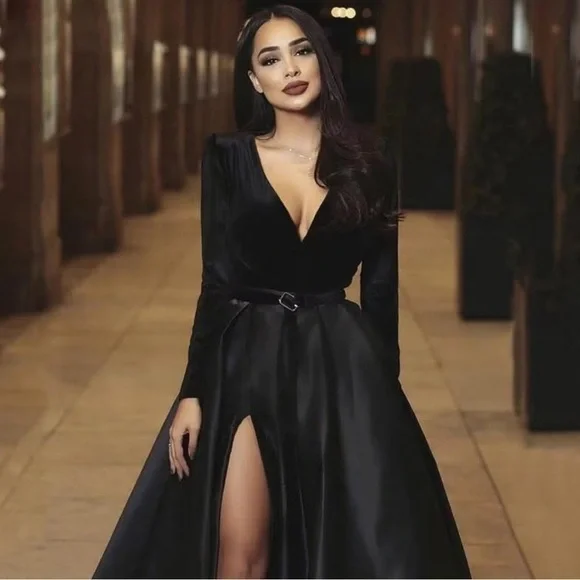 Long Sleeve Velvet Satin V Neck Formal Dress High Split Evening Gown Poc… - Picture 2 of 9